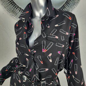 NWT~$70~KARL LAGERFELD~M~BLACK RED PINK LIPSTICK TUNIC TOP BLOUSE SHIRT